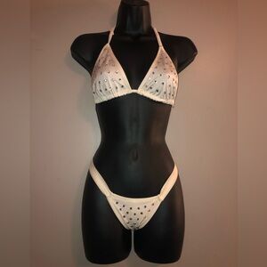 White 🤍💎Studded Rhinestone Triangle Bikini Set with Thong Bottoms